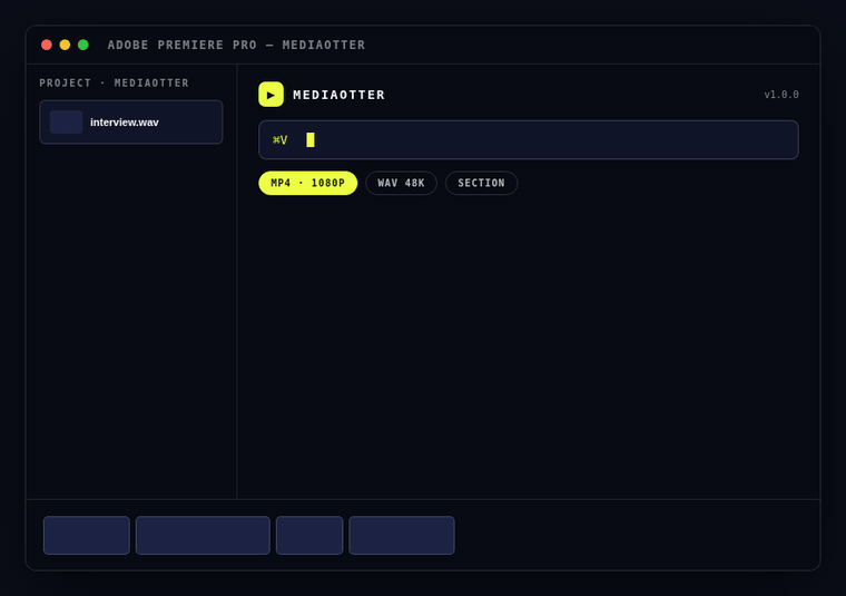 Animated demo of MediaOtter: paste a YouTube link into the Premiere Pro panel, watch live download progress with speed and ETA, and the finished clip appears in the project bin and on the timeline